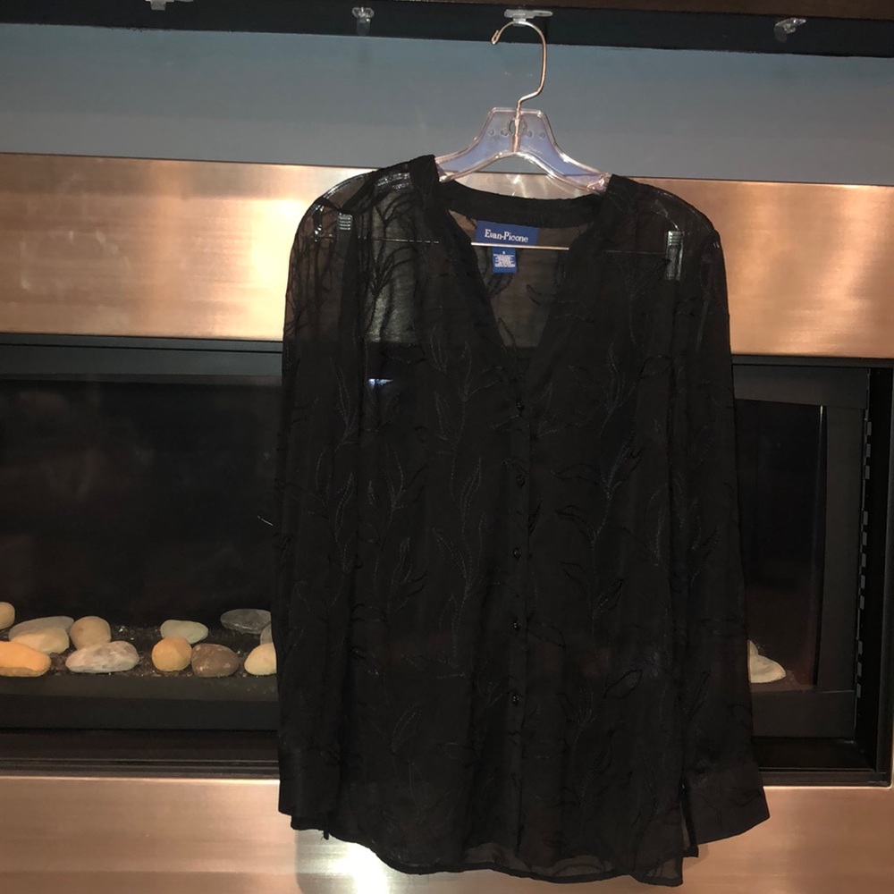 Sheer black Evan Picone top button down shirt